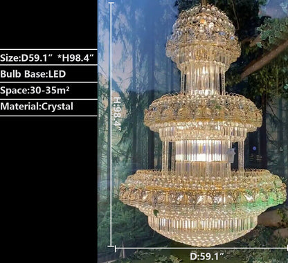 D59.1"*H98.4" chandelier,chaandeliers,pendant,crystal,metal,gold,luxury,empire,ceiling,tiers,layers,multi-tier,extra large,oversized,large,huge,big,living room,dining room,high-ceiling room,foyer,stairs,hallway,entryance,hotel lobby,duplex hall,loft