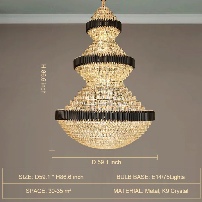 Golden Era Grand Fountain Crystal Chandelier with Black Tube for Staircase/Foyer/High-ceiling