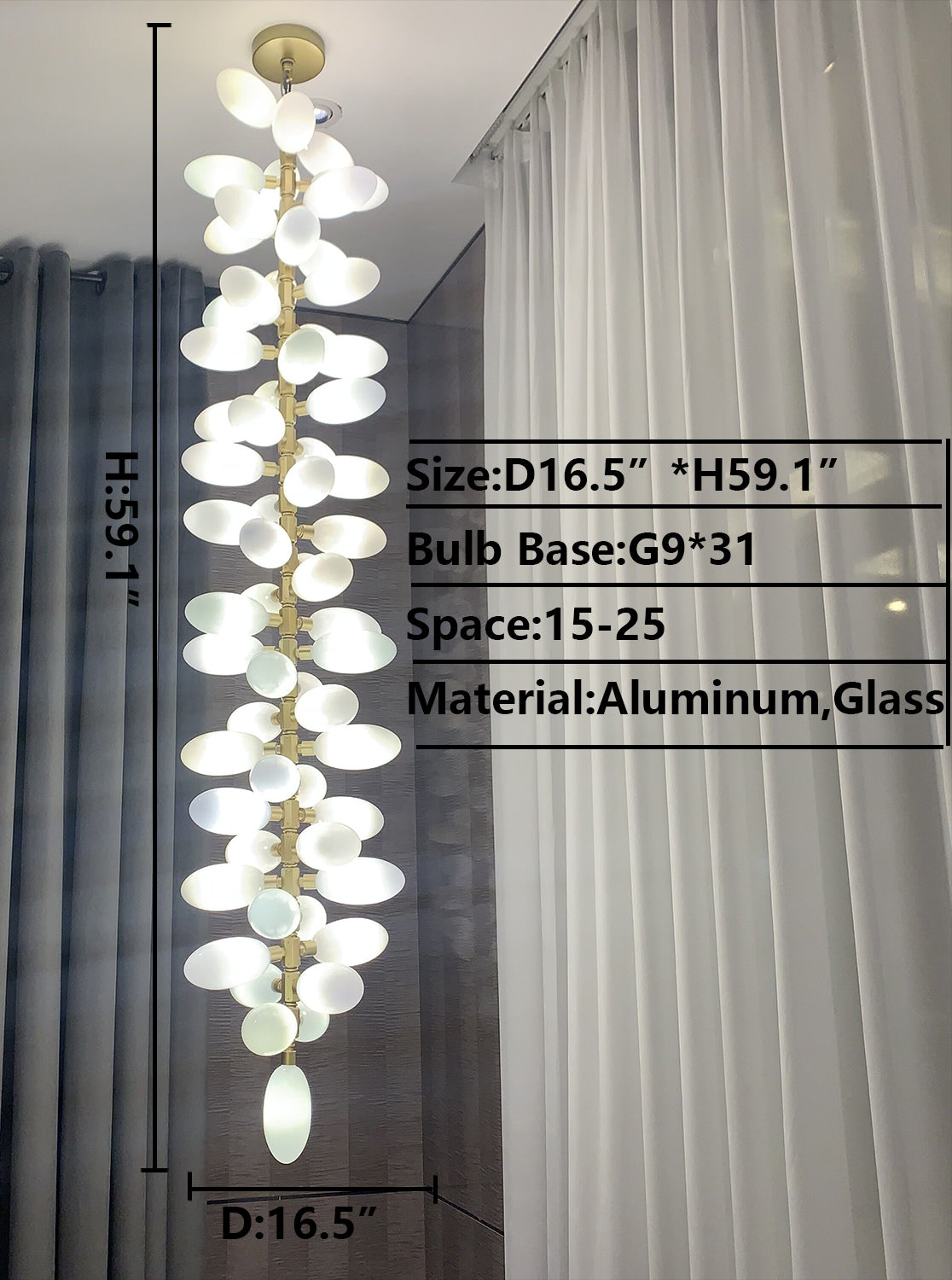 D16.5"*H59.1" chandelier,chandeliers,pendant,grape,long,extra long,ceiling,glass,aluminum,branch,gold,light luxury,luxury,living room,dining room,stairs,foyer,entrys,hallway