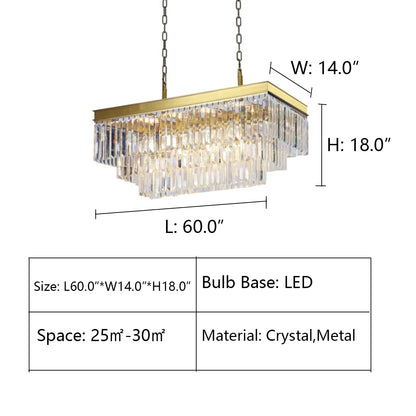 L60.0"*W14.0"*H18.0" Ather 3-Tier Odeon Rectangular Fringe Crystal Chandelier，chandelier,chandeliers,crystal,metal,gold,black,rectangle,tiers,layers,multi-tier,multi-layer,ceiling,flush mount,luxury,modern,traditional,classic,dining table,long table,dining room,living room,kitchen island,bar