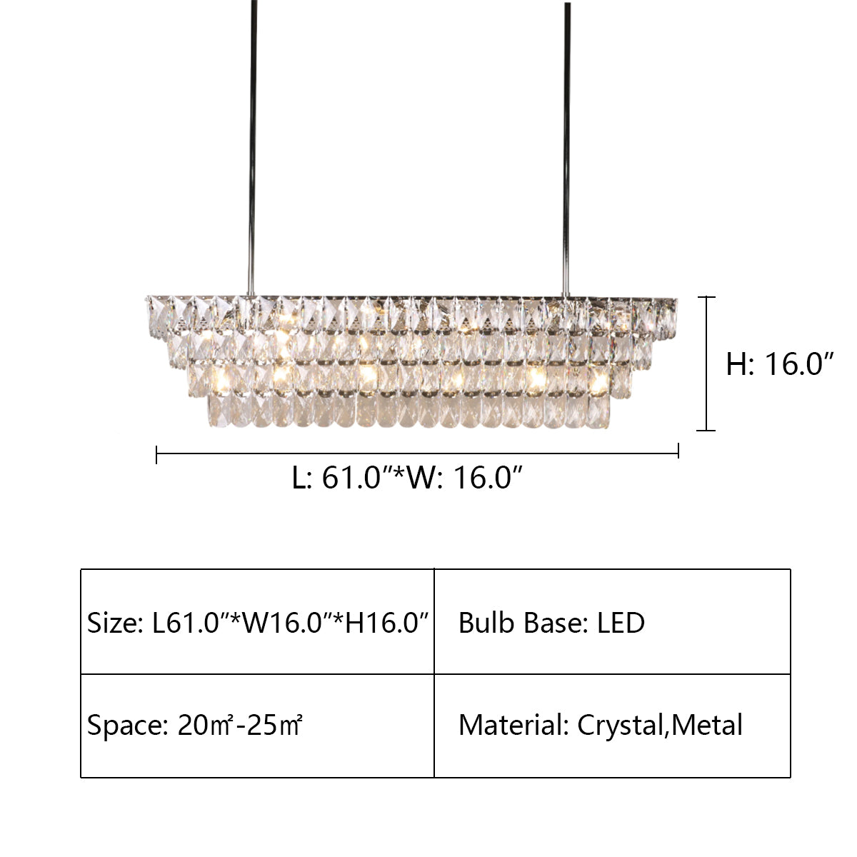 L61.0"*W16.0"*H16.0" ABRIELLE CRYSTAL RECTANGULAR CHANDELIER,chandelier,chandeliers,pendant,dining room,dining table,long table,big table,kitchen island,living room,bar,kitchen bar,crystal,metal,luxury