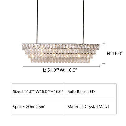 L61.0"*W16.0"*H16.0" ABRIELLE CRYSTAL RECTANGULAR CHANDELIER,chandelier,chandeliers,pendant,dining room,dining table,long table,big table,kitchen island,living room,bar,kitchen bar,crystal,metal,luxury