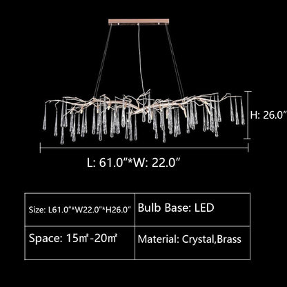 L61.0"*W22.0"*H26.0" John Richard Brass and Glass Teardrop Nine-Light Chandelier,LUKAS LINEAR ORGANIC BRANCHING CHANDELIER,chandelier,chandeliers,brass,copper,branch,crystal pendant,crystal,raindrop,teardrop,dining table,long table,big table,kitchen bar,kitchen island,dining bar,gold