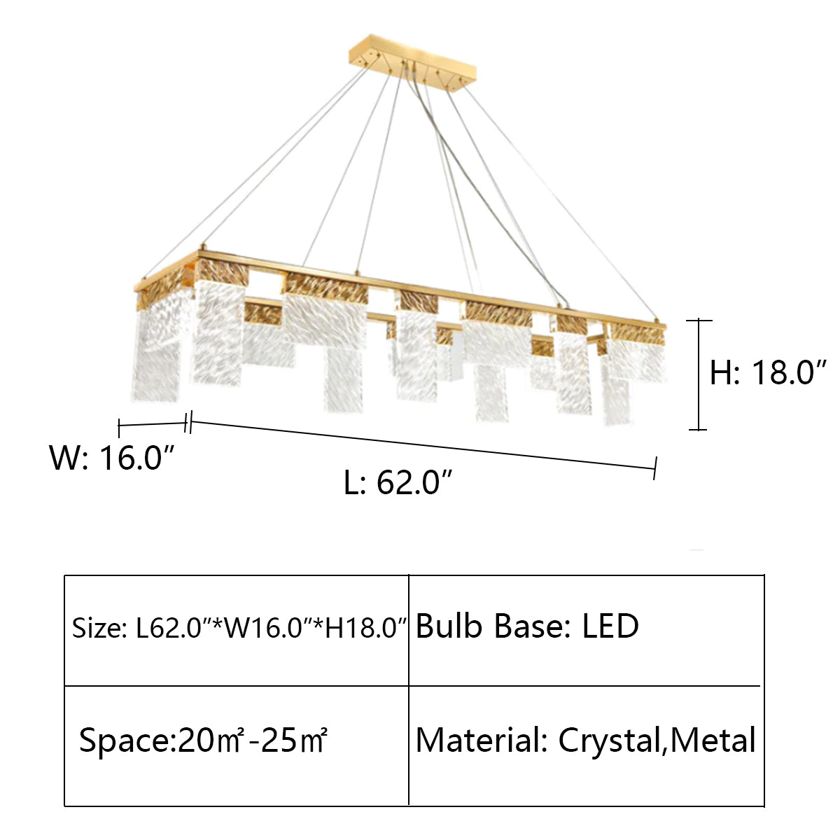 L62.0"*W16.0"*H18.0" Aimee LED Rectangle Glass Chandelier,chandelier,chandeliers,pendant,crystal,metal,gold,luxury,light luxury,ceiling,long table,dining table,kitchen island,bar,kitchen bar,dining bar