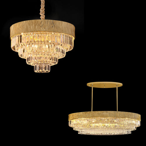 chandelier,chandeliers,light,lamp,pendant,round,oval,tiers,layers,multi-tier,multi-layer,gold,luxury,light luxury,ceiling,chain,crystal,metal,living room,dining room,bedroom,dining table,bar,hallway