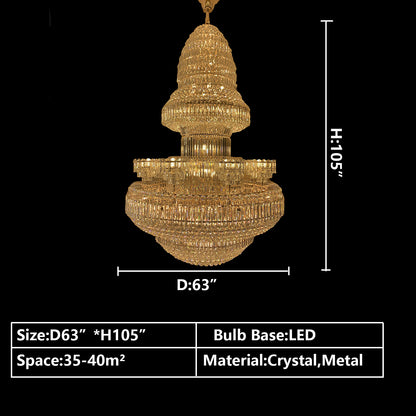 D63.0"*H105.0" chandelier,chaandeliers,pendant,crystal,metal,gold,luxury,empire,ceiling,tiers,layers,multi-tier,extra large,oversized,large,huge,big,living room,dining room,high-ceiling room,foyer,stairs,hallway,entryance,hotel lobby,duplex hall,loft