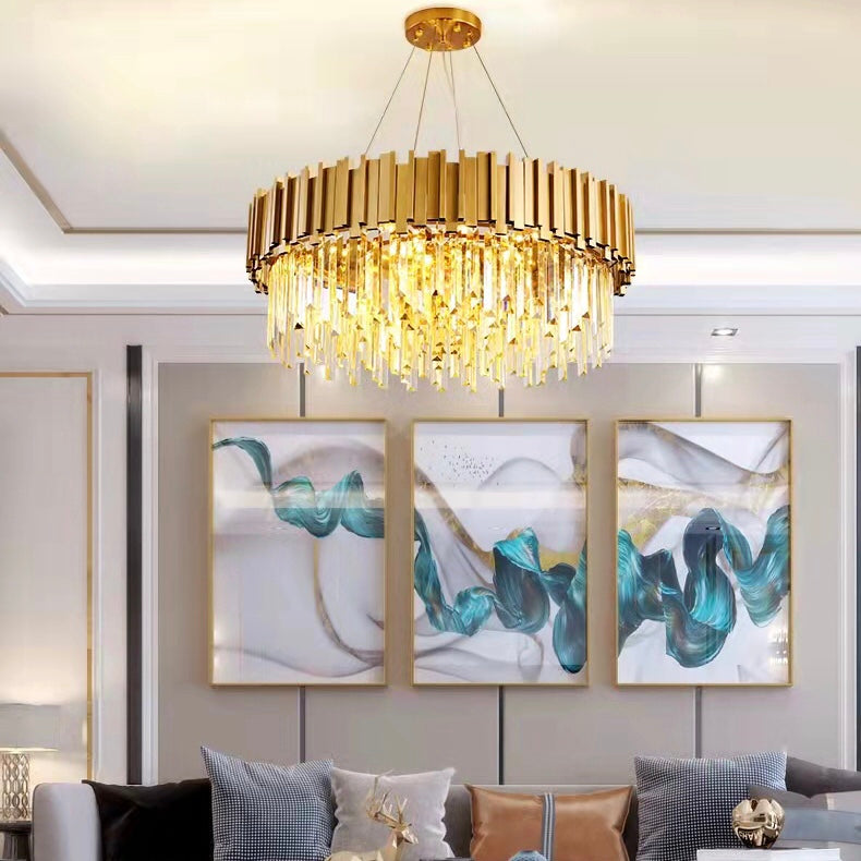 Tiered Gold Chandelier With Rectangle-Cut Crystal Modern LED Hanging Light