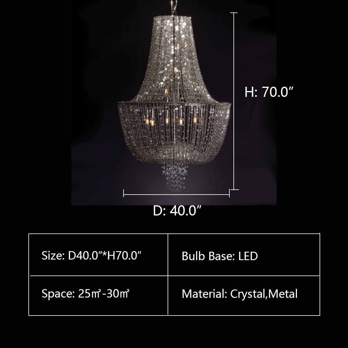 D40.0"*H70.0" Almarant Empire Chain Crystal Chandelier,CHANDELIER,CHANDELIERS,CRYSTAL,METAL,TASSEL,chrome,silver,candle,branch,ceiling,large,huge,big,stairs,foyers,living room,high-ceiling room,round,empire,pendant