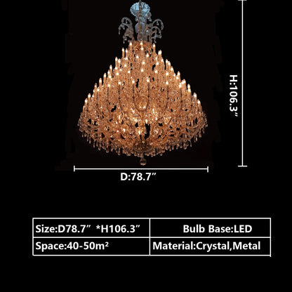 D78.7"*H106.3" chandelier,chandeliers,candle,branch,pendant,gold,luxury,raindrop,teardrop,crystal,metal,clear,traditional,tiers,layers,foyer,living room,entrys,stairs,dining room,hotel lobby,extra large,oversized,large,huge,big