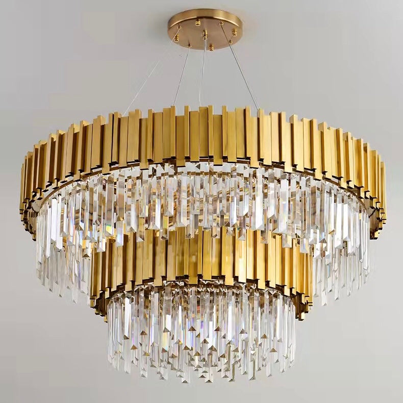 Tiered Gold Chandelier With Rectangle-Cut Crystal Modern LED Hanging Light