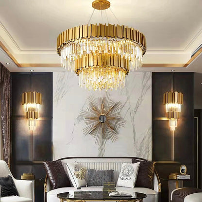 Tiered Gold Chandelier With Rectangle-Cut Crystal Modern LED Hanging Light