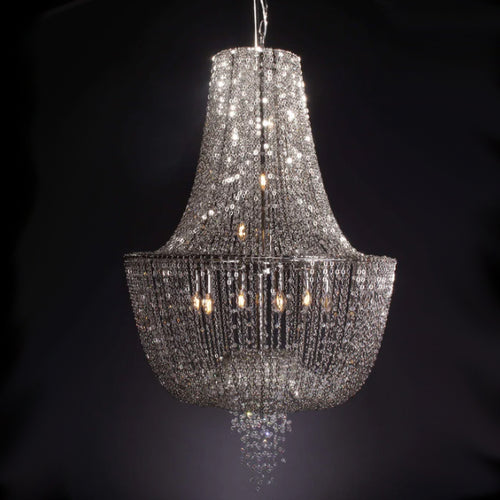 Almarant Empire Chain Crystal Chandelier,CHANDELIER,CHANDELIERS,CRYSTAL,METAL,TASSEL,chrome,silver,candle,branch,ceiling,large,huge,big,stairs,foyers,living room,high-ceiling room,round,empire,pendant