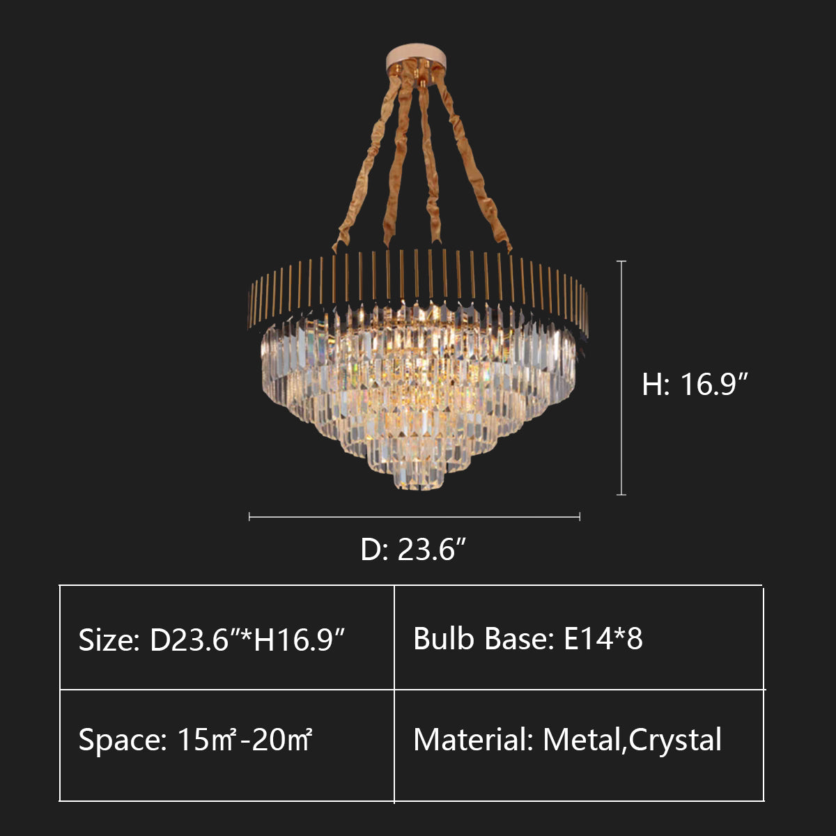 Round: D23.6"*H16.9" chandelier,chandeliers,crystal,metal,clear crystal,gold metal,branch,multi-tier,tiers,ceiling,living room,dining room,overswized,round,rectangle,oval
