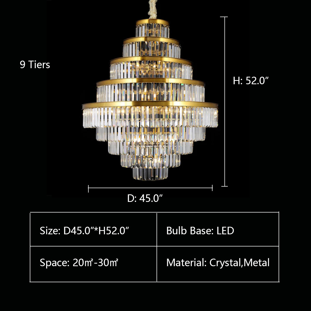 9Tiers: D45.0"*H52.0" Emilia Tiered Odeon Fringe Crystal Chandelier,chandelier,chandeliers,tiers,layers,multilayer,multi-tier,extra large,large,huge,big,oversized,round,circle,metal,crystal,rods,regular,honeycomb,living room,high-ceiling,foyer,duplex hall,stairs,entrys