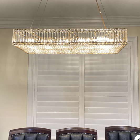 Brickell Rectangular Crystal Chandelier,chandelier,chandeliers,crystal,metal,ceiling,rectangle,luxury,light luxury,dining table,long table,big table,dining barmbarmkitchen island,kitchen bar