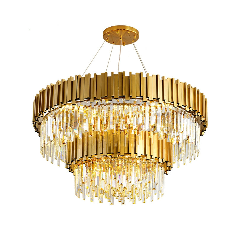 Tiered Gold Chandelier With Rectangle-Cut Crystal Modern LED Hanging Light