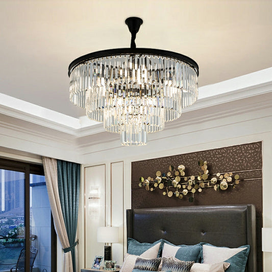 BlackFinishIronCakeLayersShapeCrystalChandelierRoundLivingRoomCeilingLight4tiersD23.6"