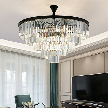 BlackFinishIronCakeLayersShapeCrystalChandelierRoundLivingRoomCeilingLightFixture5tiersD31.5"