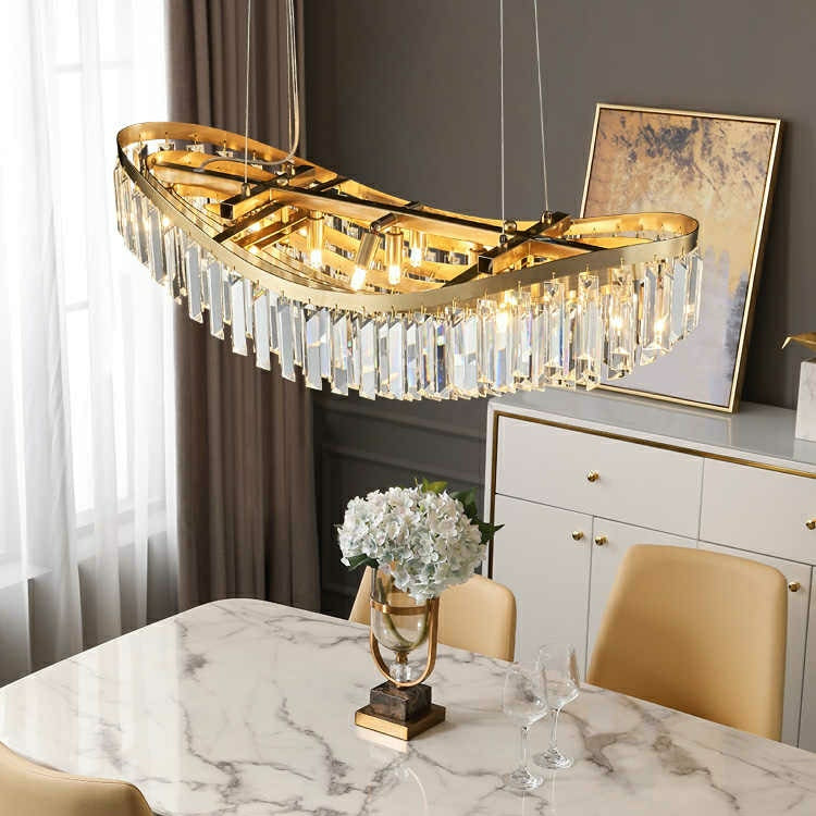 Boat Shaped LED Crystal Chandelier Oval Ceiling Light Fixture For Living/ Dining Room Table In Brass Finish