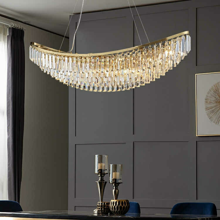 Boat Shaped LED Crystal Chandelier Oval Ceiling Light Fixture For Living/ Dining Room Table In Brass Finish