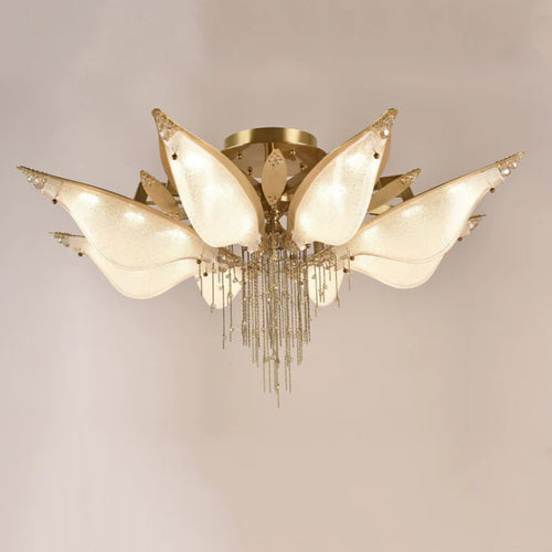 Aria Open-Flower Crystal Murano Flushmount Chandelier,chandelier,chandeliers,flush mount,ceiling,flower,crystal,metal,gold,flower,crystal pendant,ovesized,large,large,big,living room,dining room,bedroom,leaves