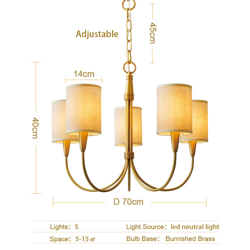 Brass Chandelier|Mid Century Ceiling Fixtures Light|Fabric Shades Adjustable Chain Pendant
