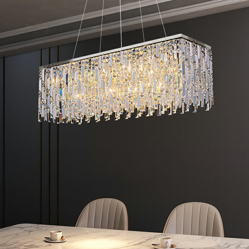 Chrome_SilverDecorativeMultiPiecesK9CrystalRectangleChandelierForLongDiningTableRoundPendantLightFixtureForLivingL35.4"*H11.8"