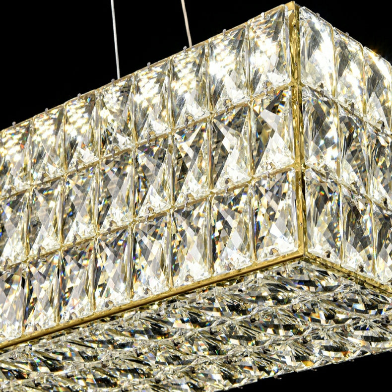 Decorative Rectangle Cube Crystal Pendant Chandelier For Dining Room Luxury Hanging Light Fixture In Gold Finish