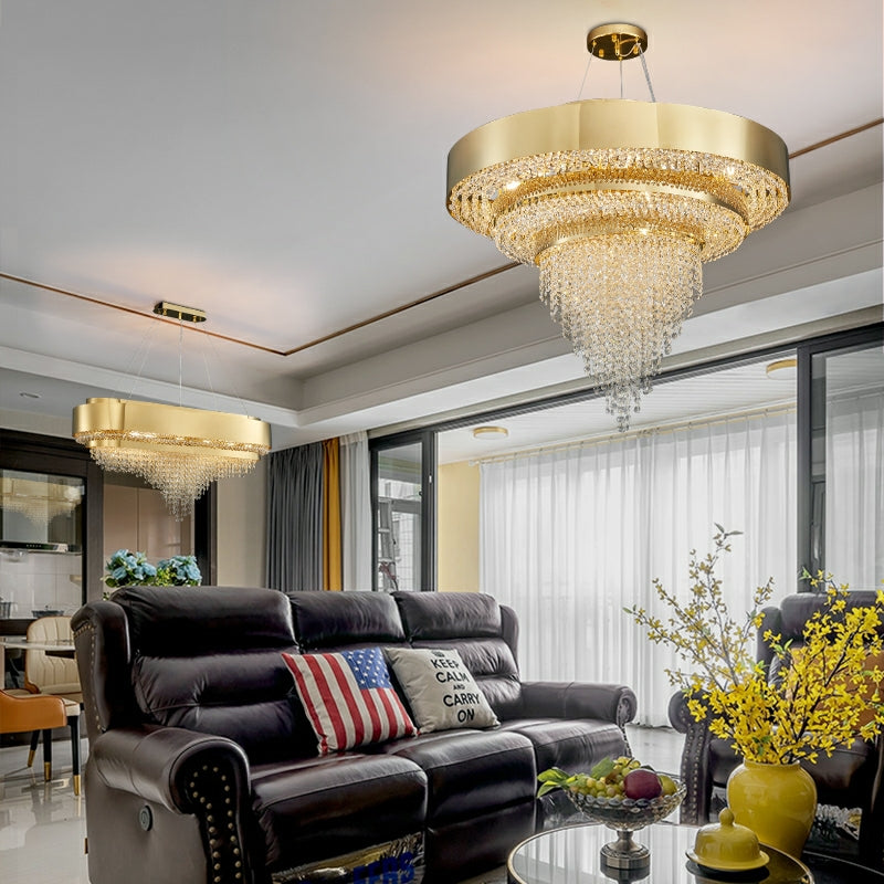 Decorative Gold Round Crystal Living Room Chandelier Light Oval Pendant Lamp For Dining Room Kitchen Table