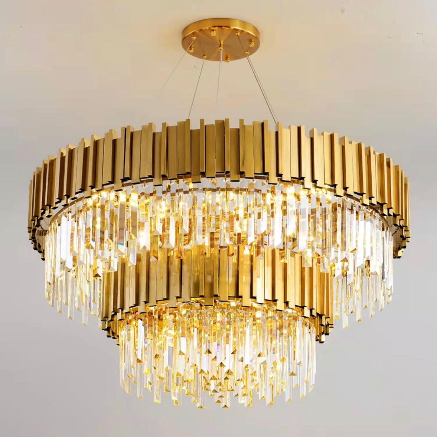 Tiered Gold Chandelier With Rectangle-Cut Crystal Modern LED Hanging Light