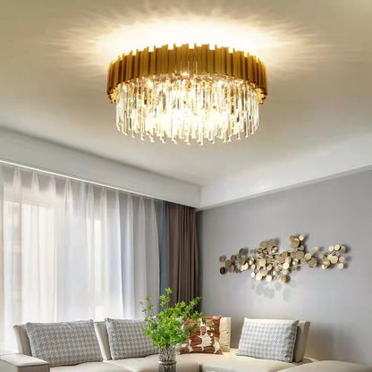 Tiered Gold Chandelier With Rectangle-Cut Crystal Modern LED Hanging Light