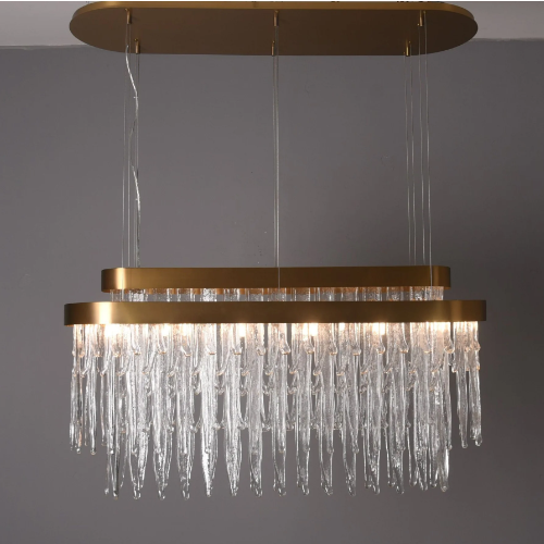LAVAL WATERFALL TUBULAR LINEAR CHANDELIER,chandelier,chandelirs,crystal,metal,gold,clear,transparent,tiers,layers,flush mount,ceiling,dining table,long table,big tabloe,kitchen island,kitchen bar,dining bar