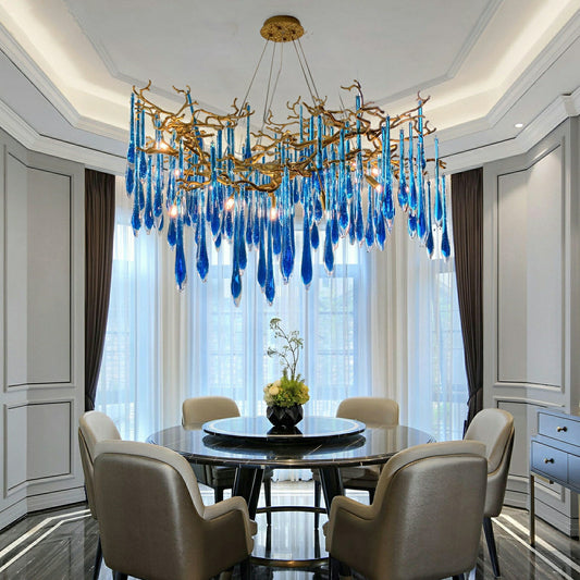 Elegant Blue Crystal Drops Chandelier Brass Branch Style Pendant Light For Living/ Dining Room