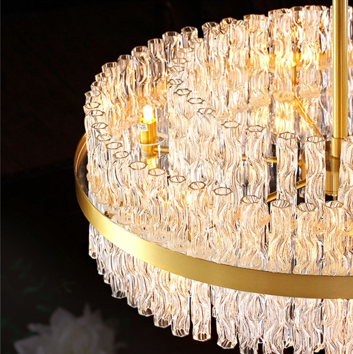 Elegant Brass Crystal Wave Tube Chandelier For Living Room Pure Copper Round Dining Table Ceiling Light/ Lamp