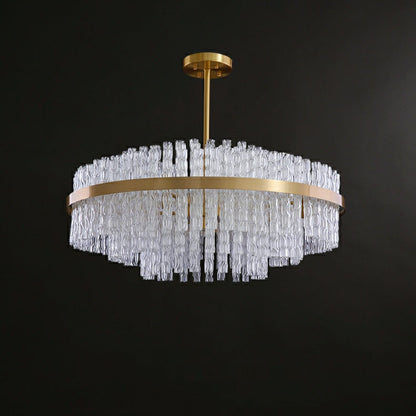 Elegant Brass Crystal Wave Tube Chandelier For Living Room Pure Copper Round Dining Table Ceiling Light/ Lamp