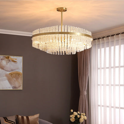 Elegant Brass Crystal Wave Tube Chandelier For Living Room Pure Copper Round Dining Table Ceiling Light/ Lamp