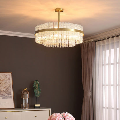 Elegant Brass Crystal Wave Tube Chandelier For Living Room Pure Copper Round Dining Table Ceiling Light/ Lamp