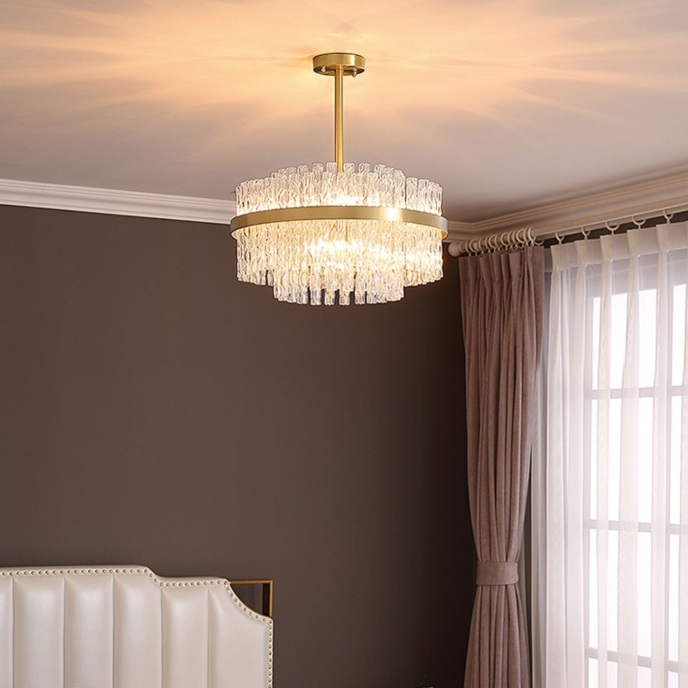 Elegant Brass Crystal Wave Tube Chandelier For Living Room Pure Copper Round Dining Table Ceiling Light/ Lamp