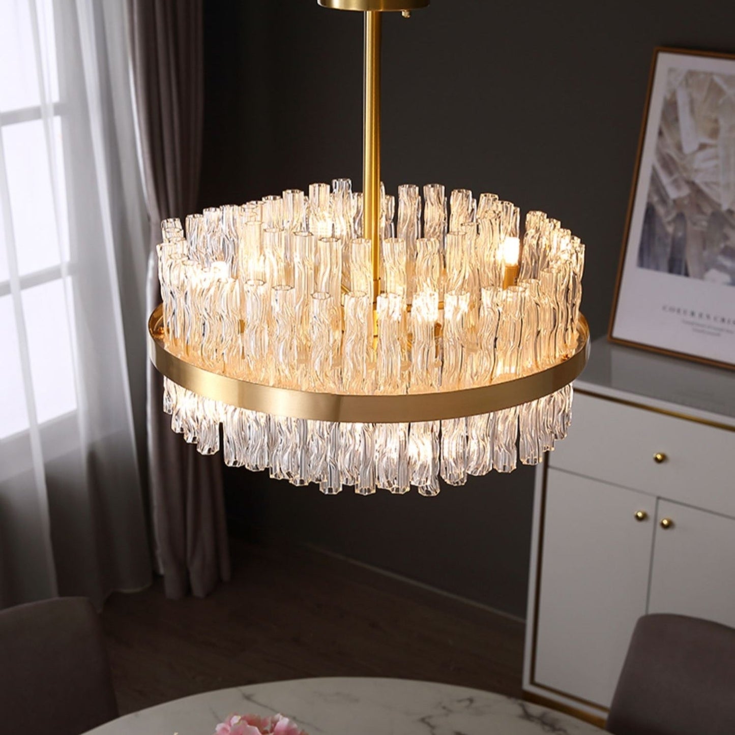 Elegant Brass Crystal Wave Tube Chandelier For Living Room Pure Copper Round Dining Table Ceiling Light/ Lamp