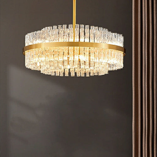 Elegant Brass Crystal Wave Tube Chandelier For Living Room Pure Copper Round Dining Table Ceiling Light/ Lamp