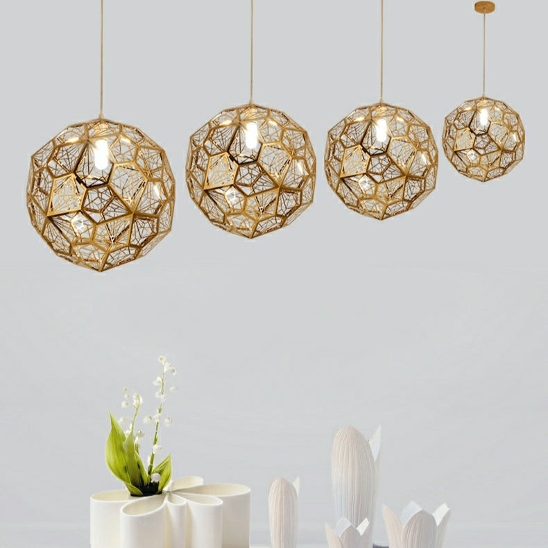 Elegant Italian Designer Single 1-Light Textured Geometric Pendant Lamp With Bulbs Diamond Ball Shaped Ceiling Light Fixture In Gold Finish