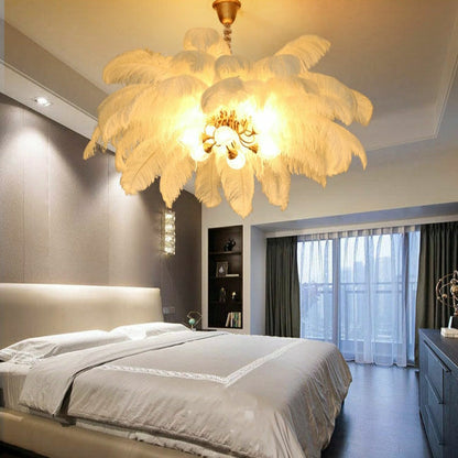 Elegant Ostrich Feather Brass Living Room Chandelier