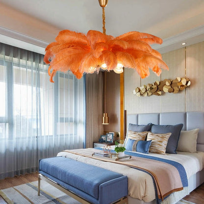 Elegant Ostrich Feather Brass Living Room Chandelier