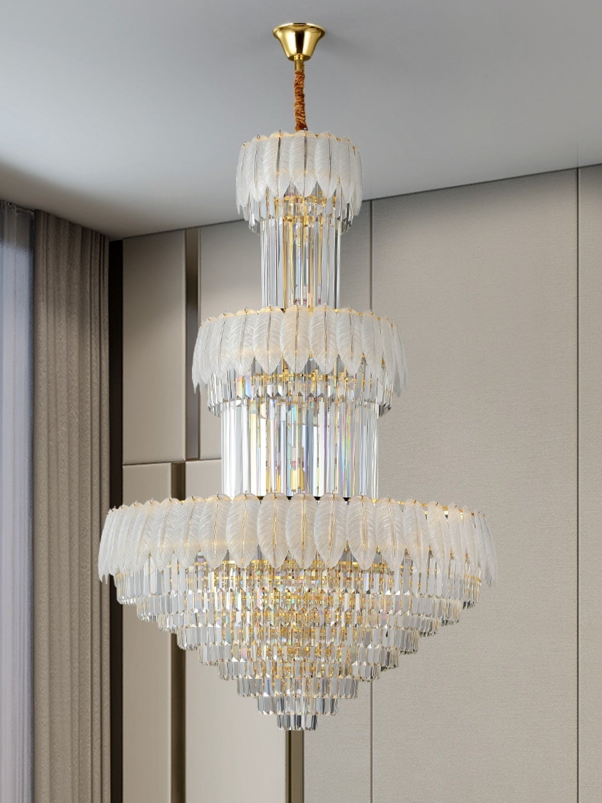 Extra Large Crystal Feather Style Chandelier Long Foyer Staircase Ceiling Lighting Fixture For Living Room