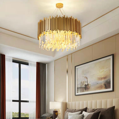 Tiered Gold Chandelier With Rectangle-Cut Crystal Modern LED Hanging Light