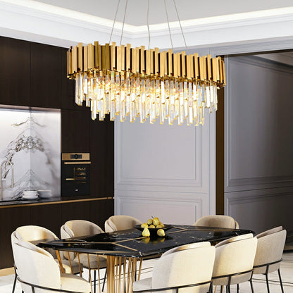 Tiered Gold Chandelier With Rectangle-Cut Crystal Modern LED Hanging Light