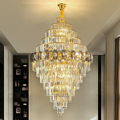 Fashion Large Staircase Chandelier For Foyer Living Room Entrance Crystal Ceiling Light Fixture In Gold Finish