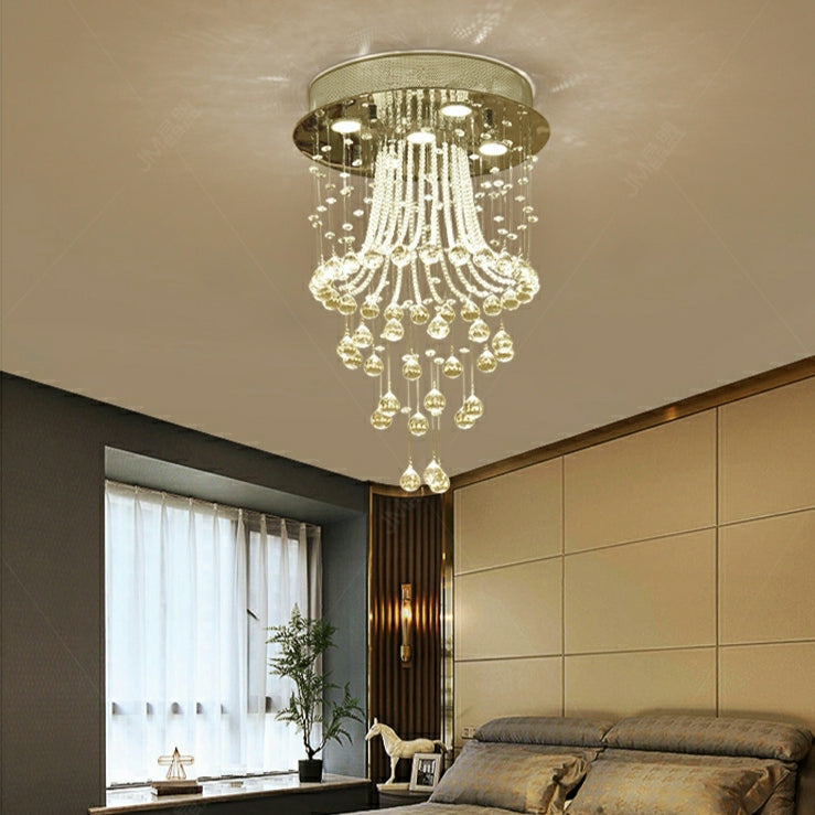 Flush Mounted Crystal Drops Chandelier Elegant Ceiling Light Fixture For Bedroom/ Living Room