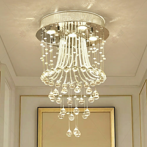 Flush Mounted Crystal Drops Chandelier Elegant Ceiling Light Fixture For Bedroom/ Living Room