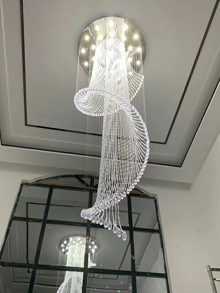 Flush Mounted Spiral Crystal Drops Chandelier Round LED Ceiling Lighting Fixture For Foyer Staircase/ Hotel Entrance